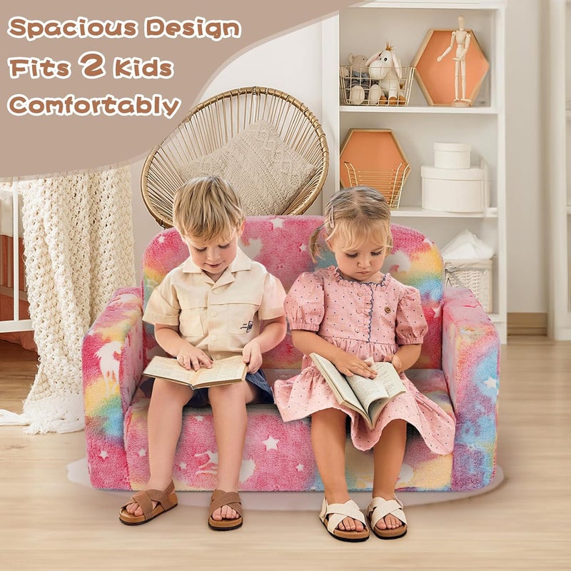 Foryoomi Extra Wide Kids Couch, Kids Sofa, Toddler Sofa, Glow in The Dark, 2-in-1 Soft Toddler Couch with Blanket and Pillow, Pink - Image 3